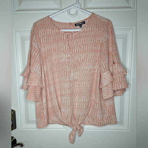 Pink & White Tie Front Blouse: Layered Ruffle Slit Sleeve & Double Keyhole PXL - Picture 1 of 7